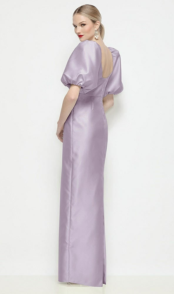 Back View - Lilac Haze Bateau Neck Satin Column Maxi Dress with Puff Sleeves
