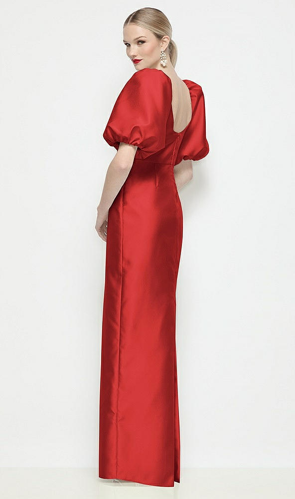Back View - Poppy Red Bateau Neck Satin Column Maxi Dress with Puff Sleeves