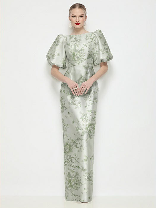 Bateau Neck Floral Satin Column Maxi Dress with Puff Sleeves
