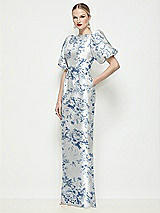 Side View Thumbnail - Cottage Rose Larkspur Bateau Neck Floral Satin Column Maxi Dress with Puff Sleeves
