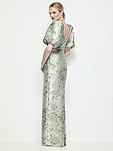Rear View Thumbnail - Sage Cottage Rose Bateau Neck Floral Satin Column Maxi Dress with Puff Sleeves