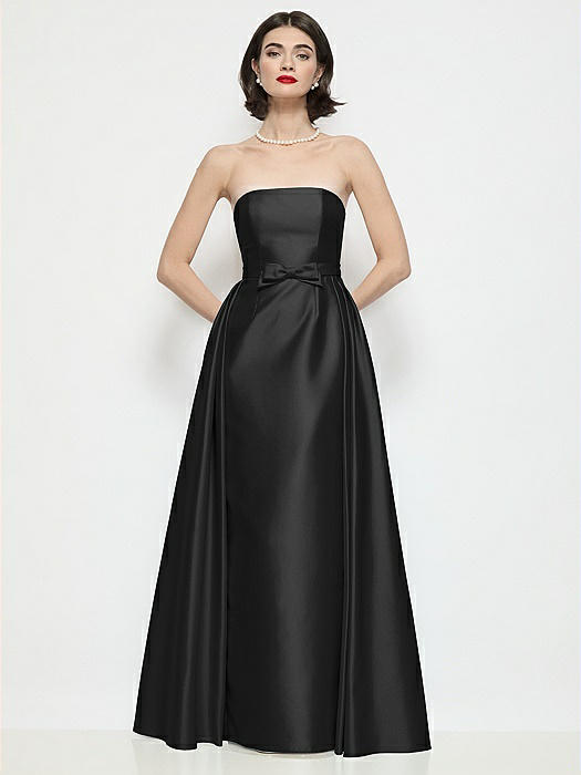 Strapless Bow-Waist Satin Column Dress with Overskirt