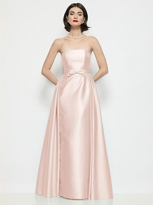 Strapless Bow-Waist Satin Column Dress with Overskirt