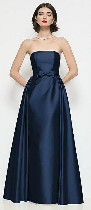 Strapless Bow-Waist Satin Column Dress with Overskirt
