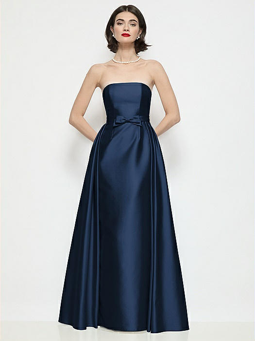 Strapless Bow-Waist Satin Column Dress with Overskirt