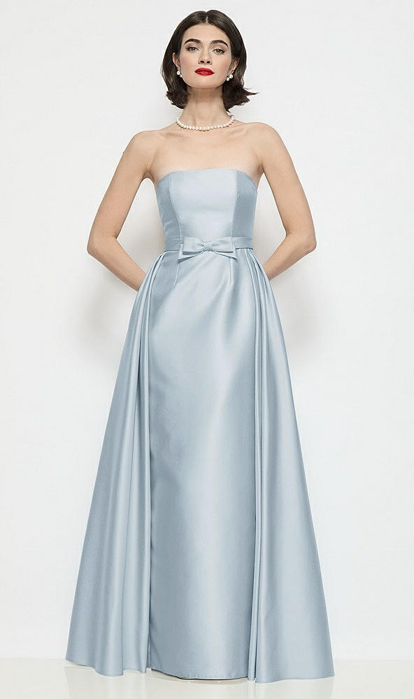 Front View - Mist Strapless Bow-Waist Satin Column Dress with Overskirt