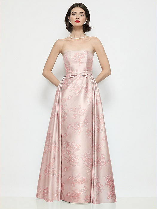 Strapless Bow-Waist Floral Satin Column Dress with Overskirt
