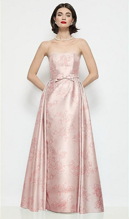 Strapless Bow-Waist Floral Satin Column Dress with Overskirt