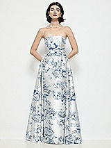 Front View Thumbnail - Cottage Rose Larkspur Strapless Bow-Waist Floral Satin Column Dress with Overskirt