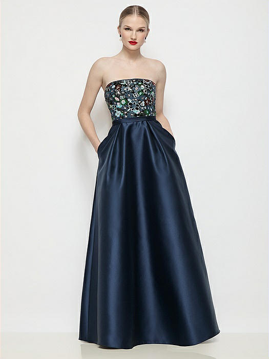 Strapless Mosaic Floral Sequin & Navy Satin Maxi Dress