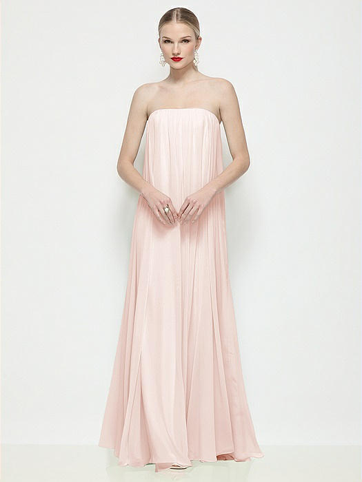 Strapless Shirred Chiffon Trapeze Maxi Dress