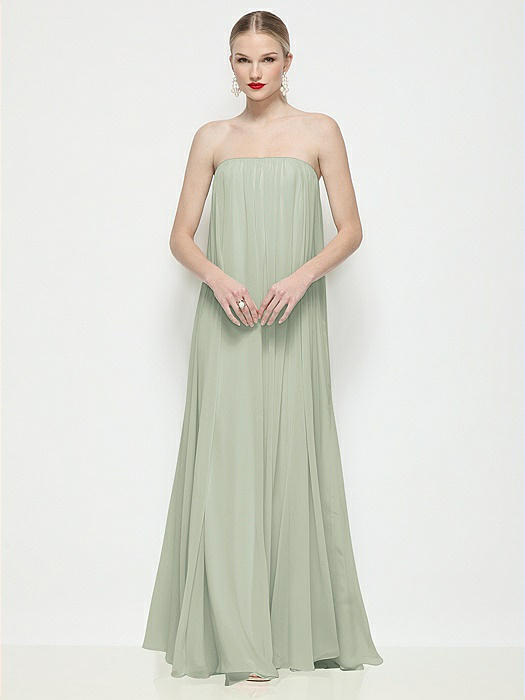 Strapless Shirred Chiffon Trapeze Maxi Dress