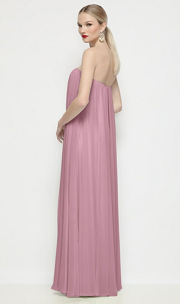 Back View - Dusty Pink Strapless Shirred Chiffon Trapeze Maxi Dress