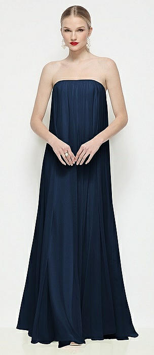 Strapless Shirred Chiffon Trapeze Maxi Dress