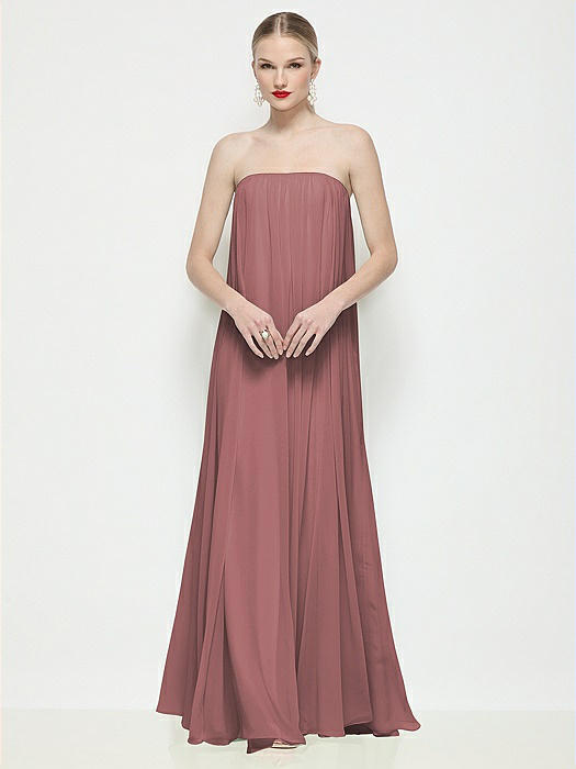 Strapless Shirred Chiffon Trapeze Maxi Dress
