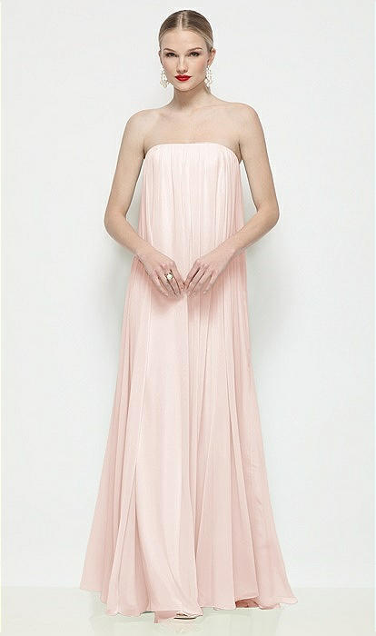 Strapless Shirred Chiffon Trapeze Maxi Bridesmaid Dress In Blush