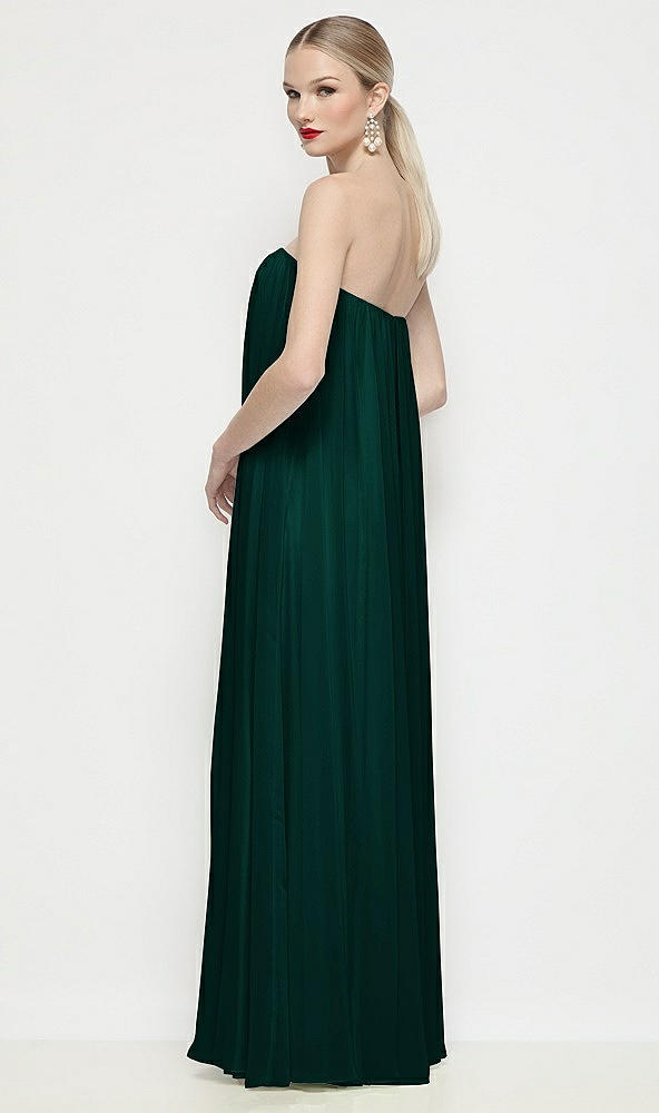 Back View - Evergreen Strapless Shirred Chiffon Trapeze Maxi Dress