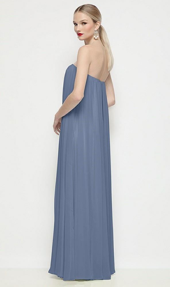 Back View - Larkspur Blue Strapless Shirred Chiffon Trapeze Maxi Dress