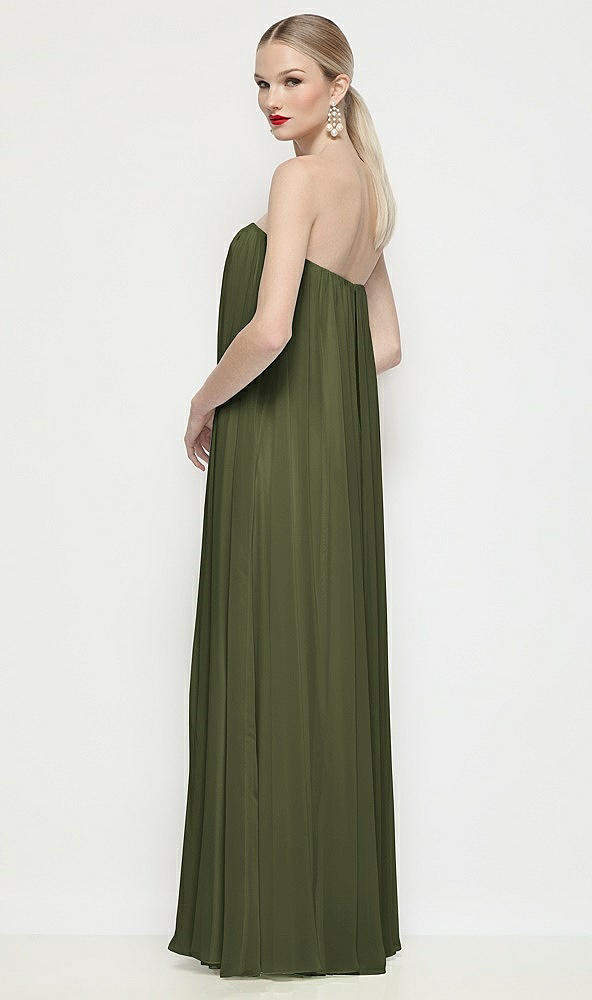 Back View - Olive Green Strapless Shirred Chiffon Trapeze Maxi Dress