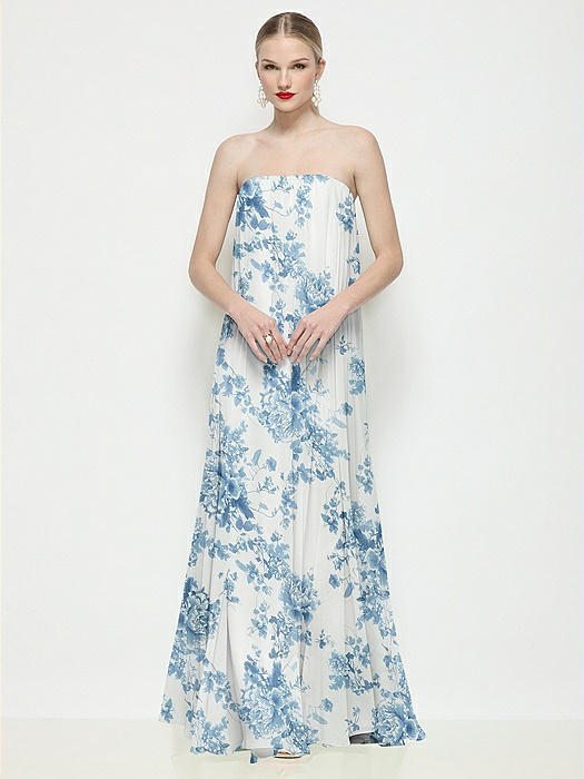Strapless Shirred Floral Chiffon Trapeze Maxi Dress