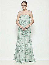 Front View Thumbnail - Mint Green Floral Strapless Shirred Floral Chiffon Trapeze Maxi Dress