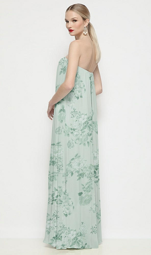 Back View - Mint Green Floral Strapless Shirred Floral Chiffon Trapeze Maxi Dress