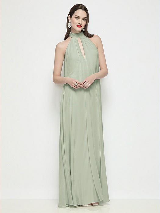 Slip-On Shirred Chiffon Trapeze Halter Dress