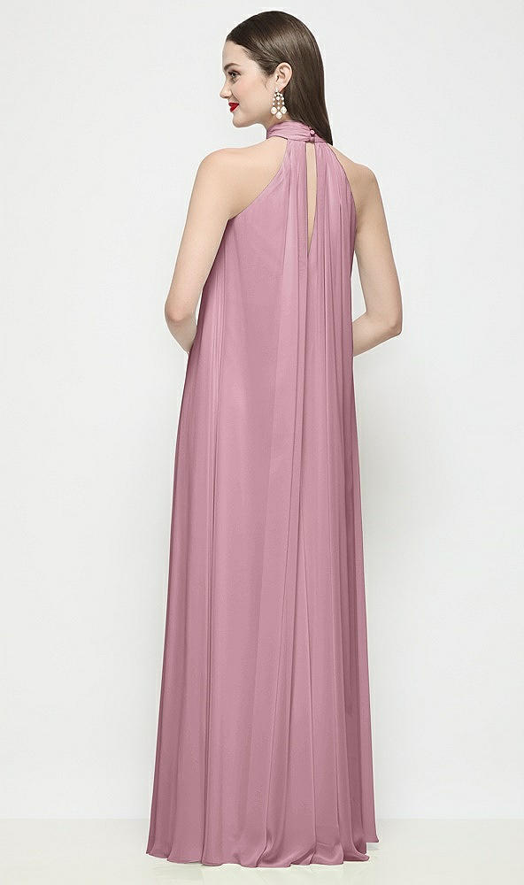 Back View - Dusty Pink Slip-On Shirred Chiffon Trapeze Halter Dress