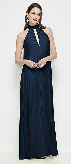 Slip-On Shirred Chiffon Trapeze Halter Dress