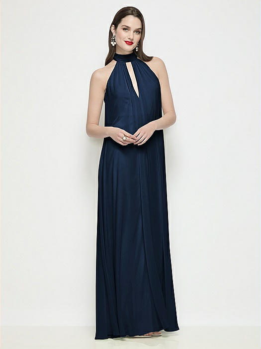 Slip-On Shirred Chiffon Trapeze Halter Dress