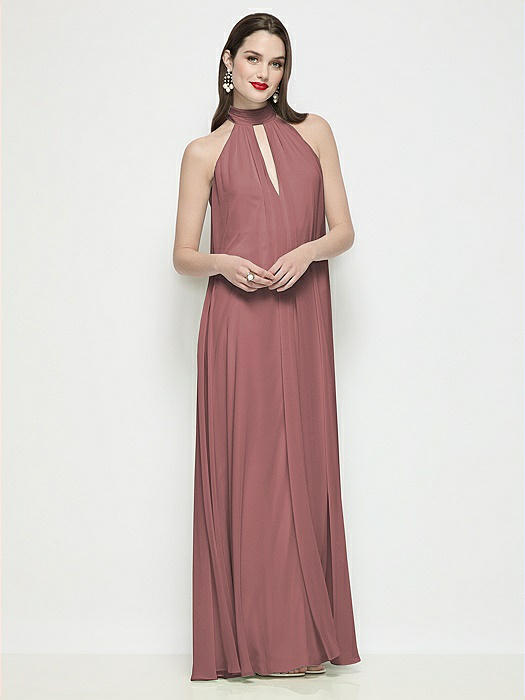 Slip-On Shirred Chiffon Trapeze Halter Dress
