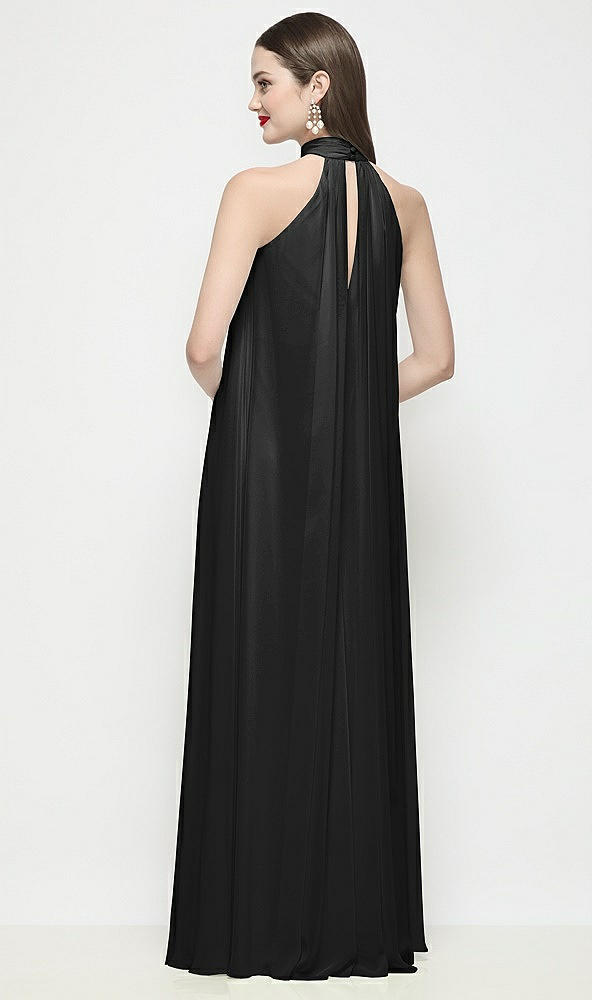 Back View - Black Slip-On Shirred Chiffon Trapeze Halter Dress