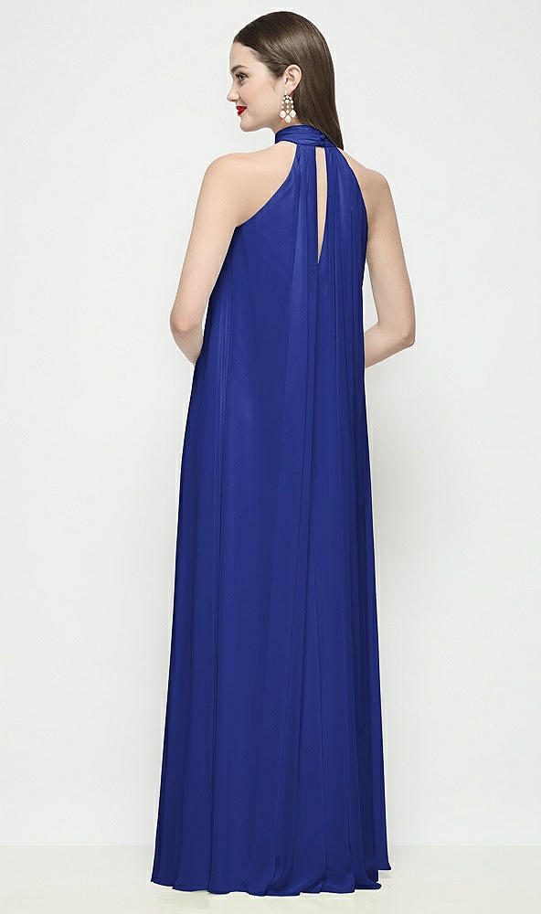 Back View - Cobalt Blue Slip-On Shirred Chiffon Trapeze Halter Dress