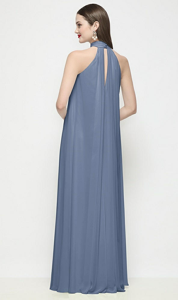 Back View - Larkspur Blue Slip-On Shirred Chiffon Trapeze Halter Dress