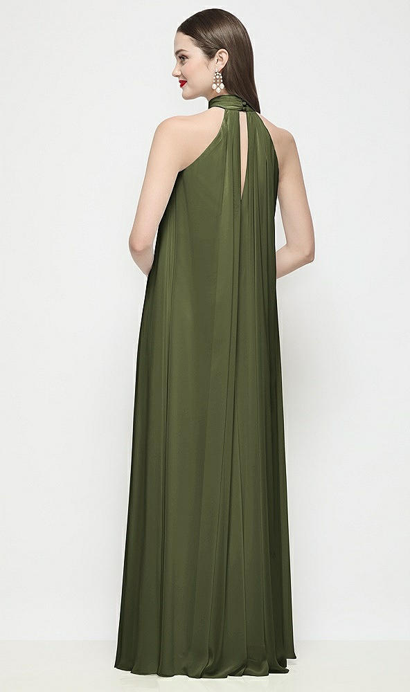 Back View - Olive Green Slip-On Shirred Chiffon Trapeze Halter Dress