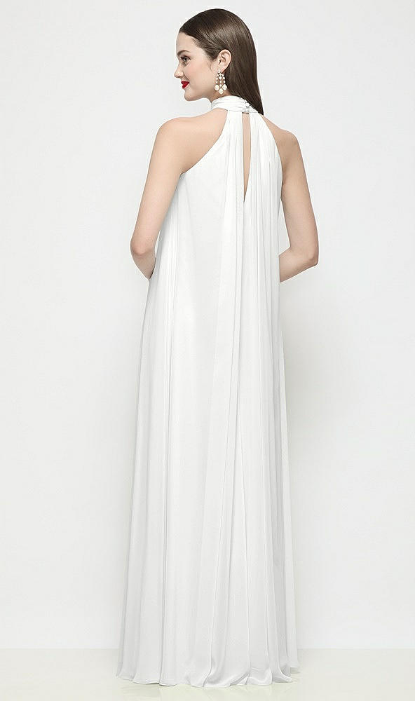 Back View - White Slip-On Shirred Chiffon Trapeze Halter Dress