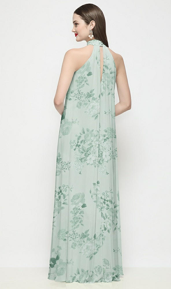 Back View - Mint Green Floral Slip-On Shirred Floral Chiffon Trapeze Halter Dress