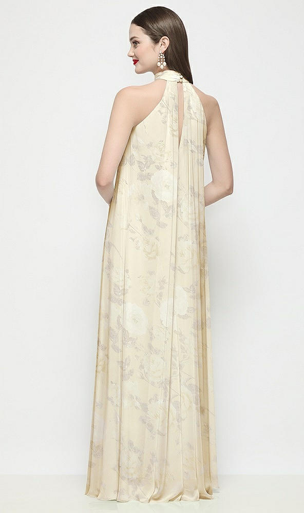 Back View - Butter Yellow Floral Slip-On Shirred Floral Chiffon Trapeze Halter Dress