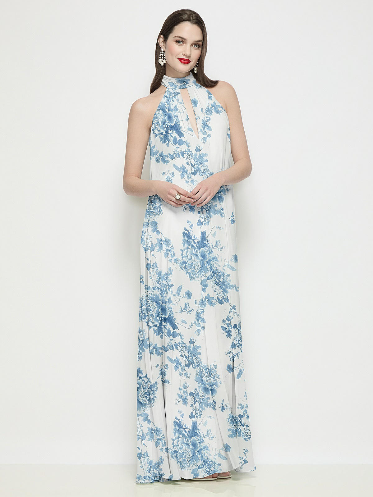 trapeze halter dress Multi Colored Draped Floral Chiffon Halter Trapeze Gown