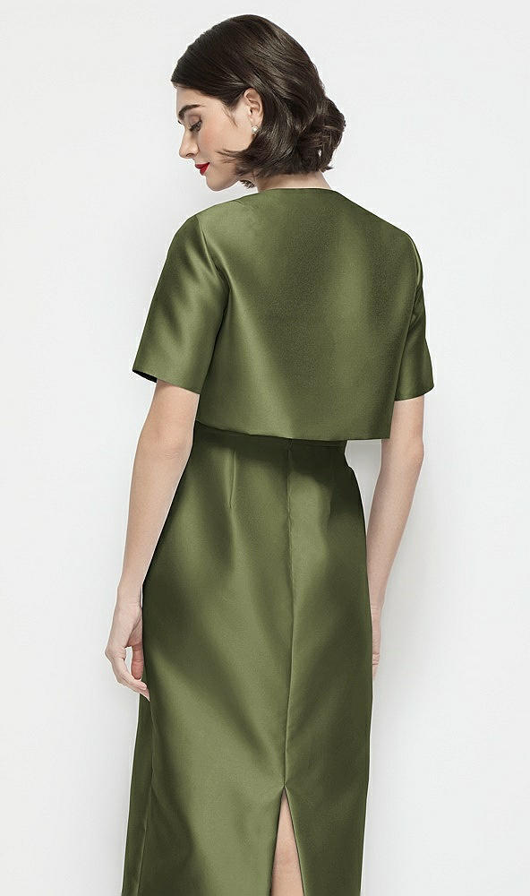 Back View - Olive Green Jewel Neck Cropped Satin Jacket