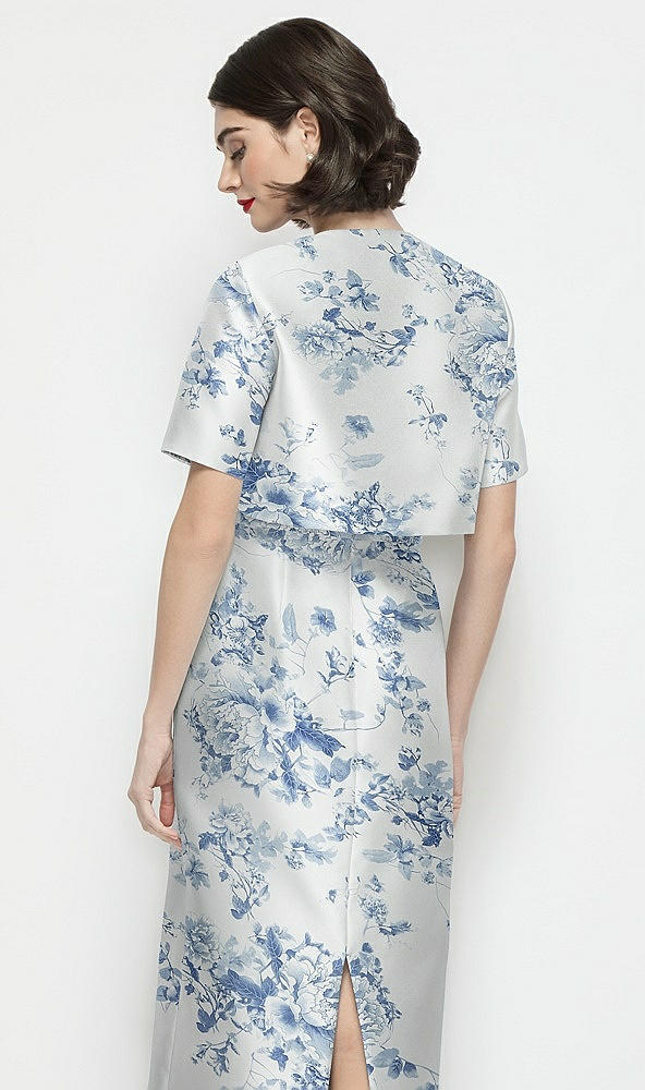 Back View - Cottage Rose Larkspur Jewel Neck Cropped Floral Satin Jacket