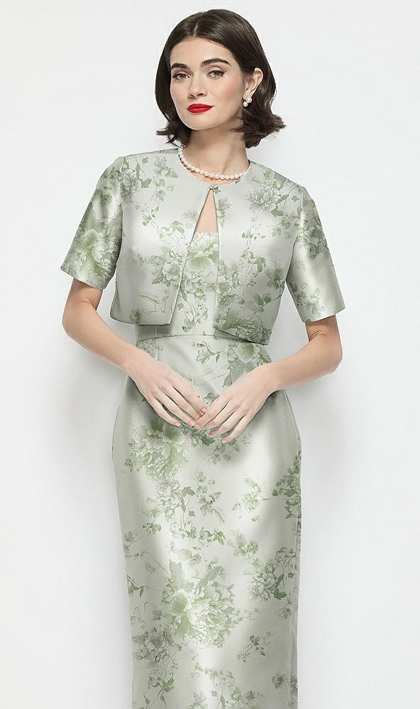 Front View - Sage Cottage Rose Jewel Neck Cropped Floral Satin Jacket
