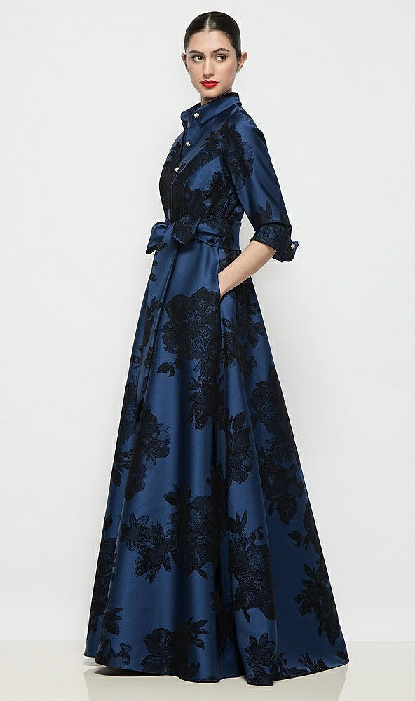 Front View - Soft Navy / Black 3/4 Sleeve Flocked Floral Satin Shirt Dress Gown with Sash