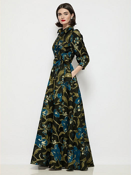 Luna Organza Jacquard Floral Shirt Dress with Full Maxi Skirt & Sash