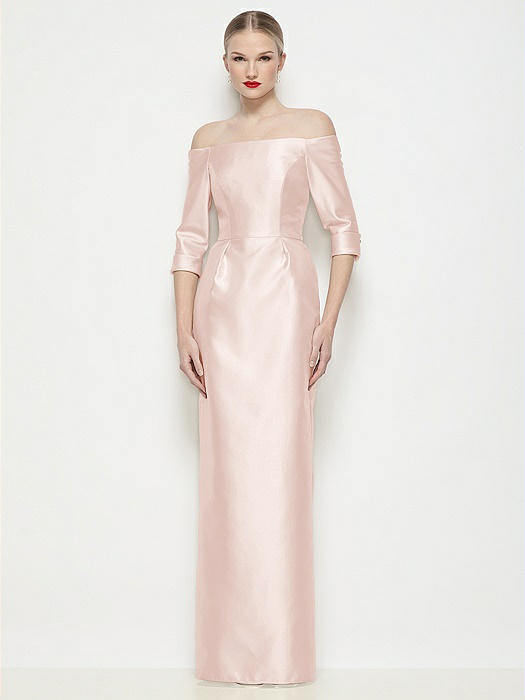 Off-the-Shoulder 3/4 Sleeve Column Satin Maxi Dress