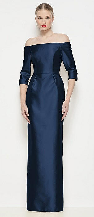 Off-the-Shoulder 3/4 Sleeve Column Satin Maxi Dress