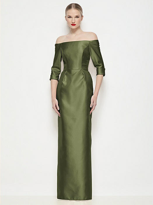 Off-the-Shoulder 3/4 Sleeve Column Satin Maxi Dress