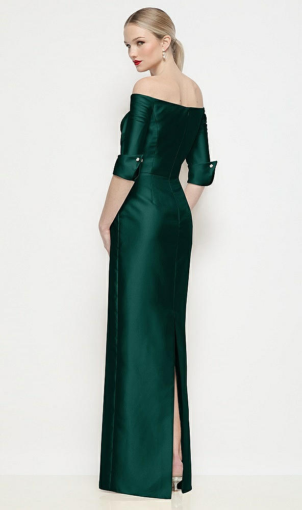 Back View - Evergreen Off-the-Shoulder 3/4 Sleeve Column Satin Maxi Dress