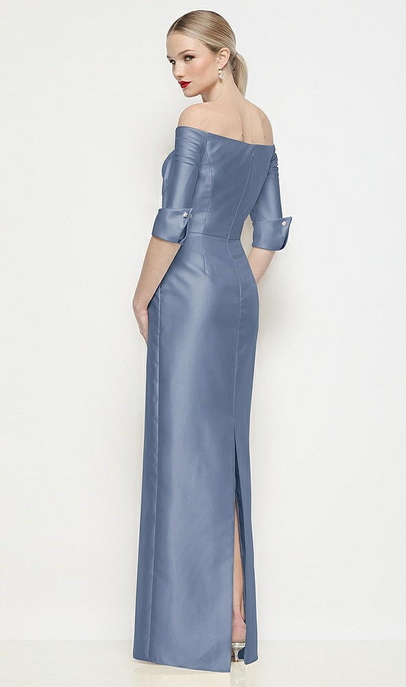 Back View - Larkspur Blue Off-the-Shoulder 3/4 Sleeve Column Satin Maxi Dress