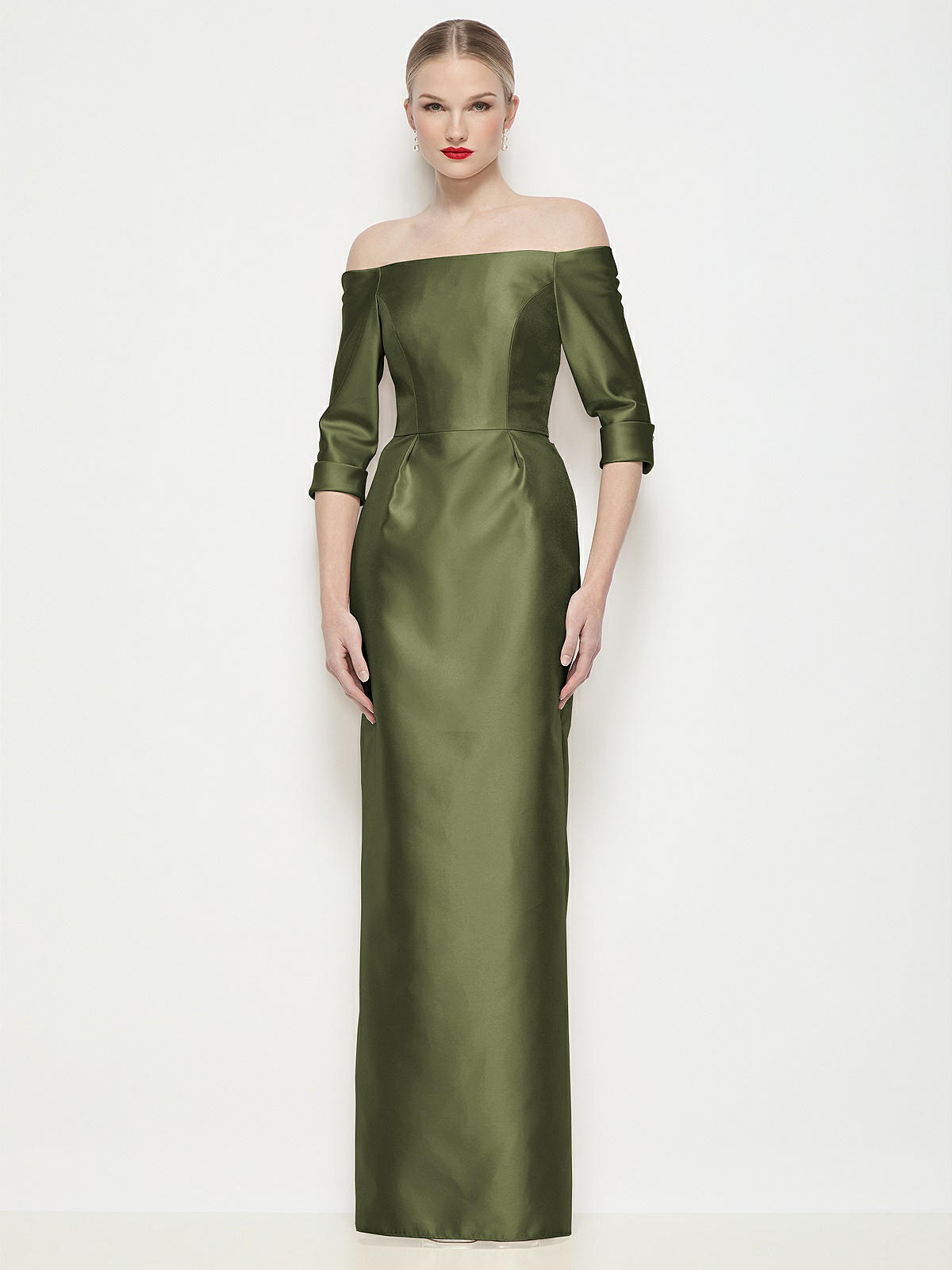 Off-the-shoulder 3/4 Sleeve Column Satin Maxi Bridesmaid Dress In Olive Green
